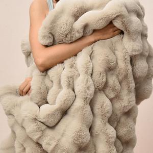 PHF Luxury Faux Rabbit Fur Blanket Twin Size, Ultra Soft Fluffy Plush Cozy Warm Bubble Blanket for Bed, Couch, Chair, Sofa Decorative, Thick Reversible Suitable for Fall & Winter, 60" x 80", Oak