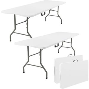 2 Pack 5 Feet Portable Folding Table White, Steel Legs Fold-in-Half with Carrying Handle Rectangular Plastic Foldable Table for Party, Wedding, Camping, Picnic, Dining, Indoor Outdoor Events (White)