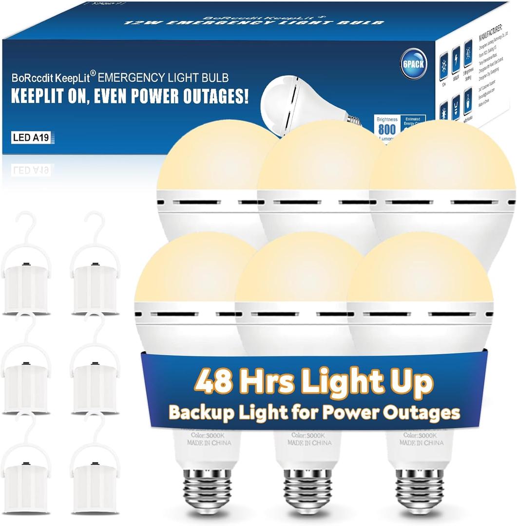 KeepLit 6 Pack Emergency Rechargeable Light Bulbs, 48H Long Lasting & 3 Brightness Power Outage Light,12W 3000K Battery Backup Emergency Light Bulbs for Home Power Failure Hurricane