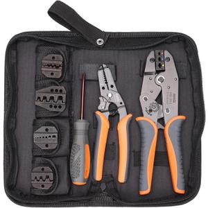 iCrimp Ratchet Wire Crimping Tool Set w/ 5 Interchangeable Jaws for Insulated and Non-Insulated Terminals AWG20-2, Wire Stripper included