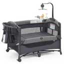 QUTANIX Baby Bedside Bassinet Sleeper,5-in-1 Pack and Play with Full-Size Bassinet,Baby Playard with Changing Table,Storage Shelf,Music Mobile with Soft Toys for Newborn to Toddlers (Grey)