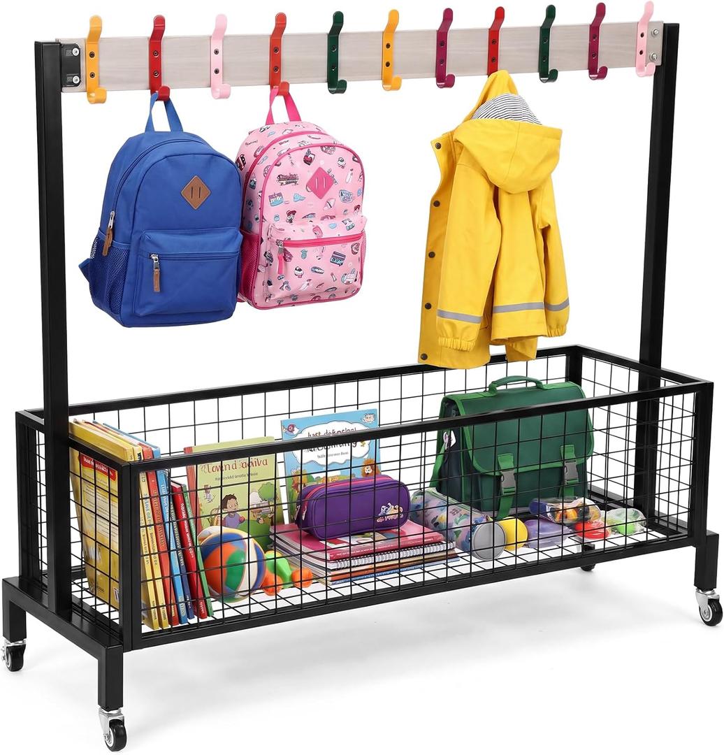 Classroom Metal Backpack Cart with Caster Wheels 11 Coat Hooks
Swivel Mobile Backpack Rolling Cart, Storage Rack Daycare Organizer, School Bag Trolley with Basket, for Kindergarten School