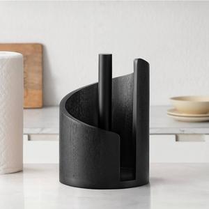 Mountain Paper Towel Holder – with Mango Wood, Round Base & Iron Holder, Modern Countertop for Kitchen & Living Room Daily Use (Black)