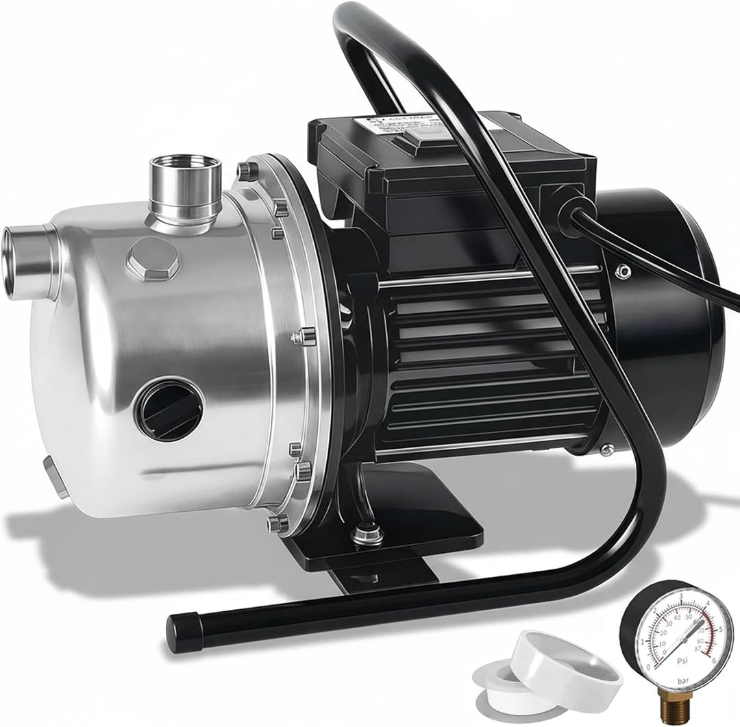 LANCHEZ 1.6 HP Portable Shallow Well Pump, 1500 GPH Stainless Steel Sprinkler Pump, 115V Water Transfer for Garden Draining and Lawn Irrigation