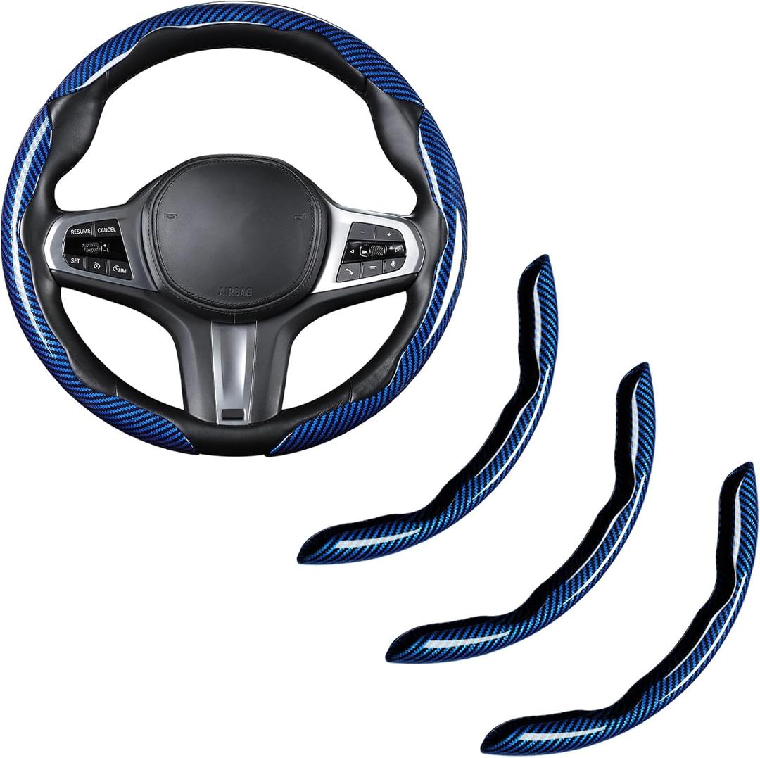 Carbon Fiber Steering Wheel Cover, Snap on Car Steering Wheel Cover Set Accessories 3pcs Wrap Grip Non Slip Protector Universal Glossy Blue