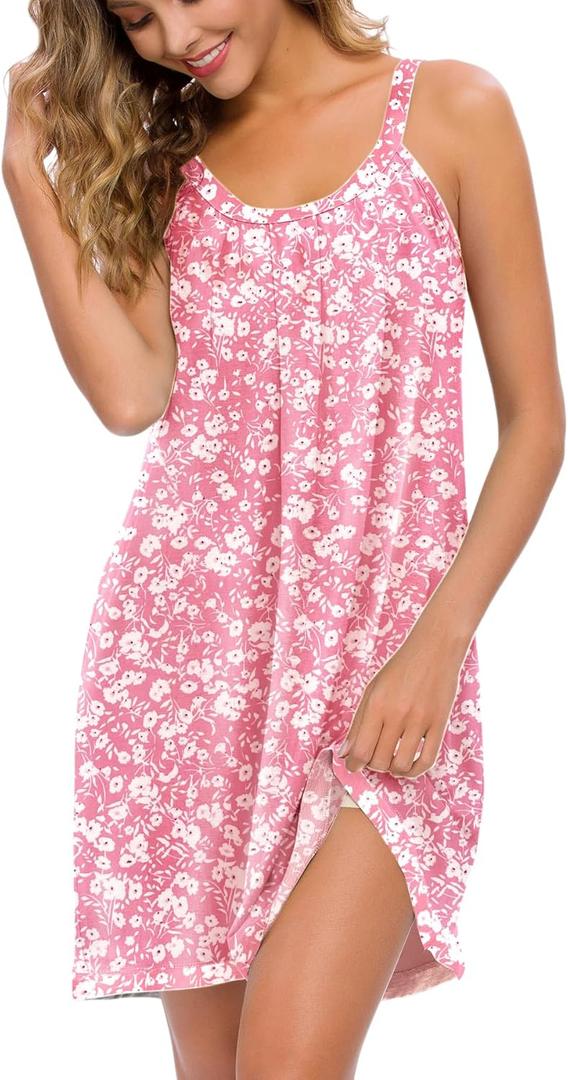 AVIIER Womens Nightgown Soft Cotton Sleeveless Sleep Shirts Wide Strap Nightshirts Full Slip Sleepwear (Large, Pink Flower)