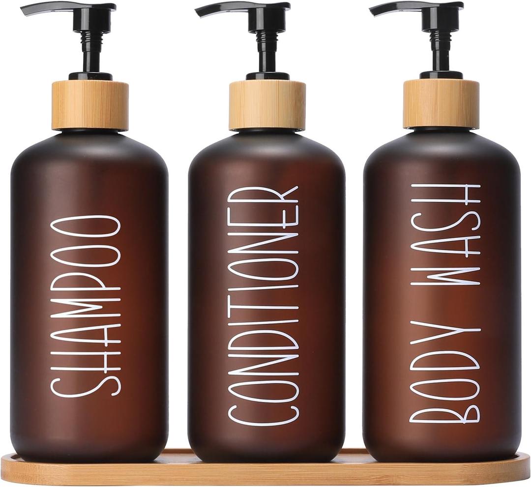 MOMEEMO Amber Shower Dispenser Set, Contains 3 Extra-Thick PET Plastic Bottles with Bamboo Pumps, Shampoo and Conditioner Dispenser for Shower, Perfect for Modern Bathroom Decor (Amber)