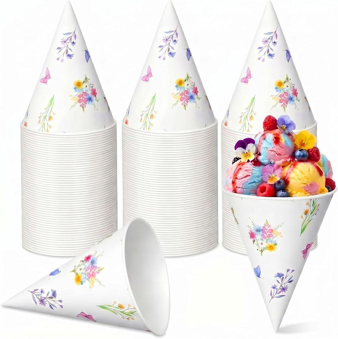 Honeydak 50 Pcs Floral Snow Cone Cups 6 oz, Thicken Disposable Paper Cone Cups for Shaved Ice Summer Pool Party, Slushie and Ice Cream Dessert Station Supplies