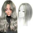 isheeny Hair Toppers For Women Real Human Hair White Highlight Grey 12Inch Human Hair Topper for Women, 2 Clips Secure Hold, Realistic Artificial-Base Scalp for Thinning Hair & Hair Loss