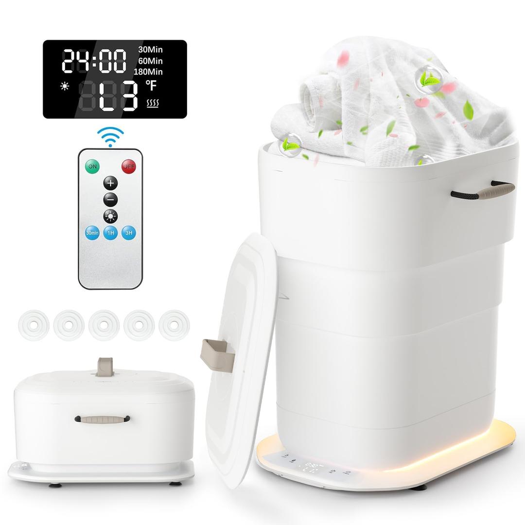 Foldable Towel Warmer 27L, Retractable Portable Towel Warmers Bucket, Time Setting & Auto Shut-Off, 3 Heat Levels with Lighting, Heats Towels/Robes/Blankets, Ideal for Bathroom (White) 