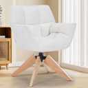 Modern Lambs Wool Accent Chair with Armrest, Sherpa Vanity Desk Chair No Wheels, Mid Century Comfy Upholstered Armchair with Wood Legs for Living Room, Bedroom, Makeup Room, Off-White