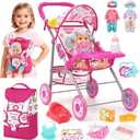 Baby Doll Stroller Set with 12.5" Doll, Baby Dining Table, Backpack with Carrier, 21 PCS Baby Doll Accessories Stroller Toys, 2 Sets Doll Clothes, Feeding Set Girls Toddlers Gifts for Pretend Play