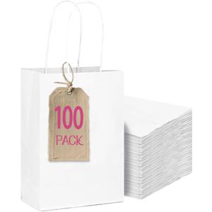 Qiqee 100Pcs Mini White Paper Gift Bags with Handles Bulk 4.5"2.5"6" Gift Bags Multiple Uses