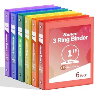 SUNEE 1 Inch Binders 3 Ring 6 Pack, Clear View Three Ring Binders PVC-Free (Fit 8.5x11 Inches) for School Binder or Office Binder Supplies, Classic 6 Colors