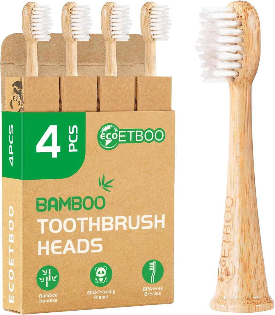Bamboo Toothbrush Replacement Heads Compatible with Philips Sonicare, Soft Castor-Oil Biodegradable Bristles, Eco-Friendly Bamboo Handle, 4 Pack, Sustainable Daily Cleaning (White)