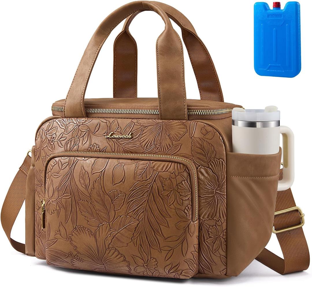 LOVEVOOK Insulated Lunch Bag for Women, PU leather Lunch Box with Shoulder Strap, Wide Opening Adult Large Lunch bags for Work Picnic Beach Family Camping Outdoor Teacher