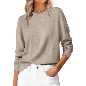 ANRABESS Sweaters for Women Loose Fit Lightweight Soft Dressy Scalloped Long Sleeve Pullover Tops 2025 Fall Casual Outfits (Large, Tan)