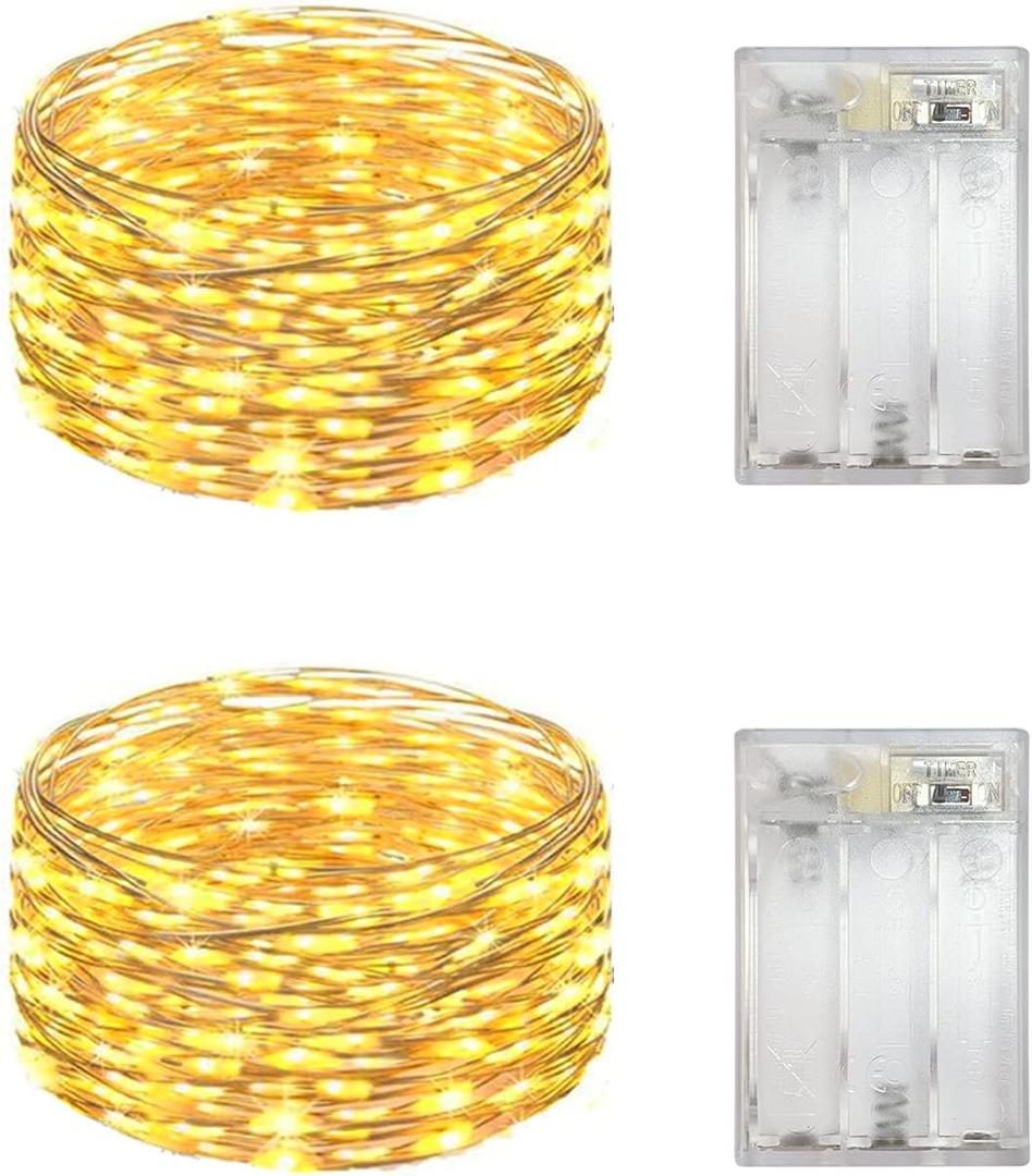 Everfit Lighting 2 Pack Battery Operated Mini Lights,Indoor Led Fairy Lights with Timer 6 Hours on/18 Hours Off for Wedding Party Decorations,50 Count LEDs,18 Feet Silver Wire (Yellow)