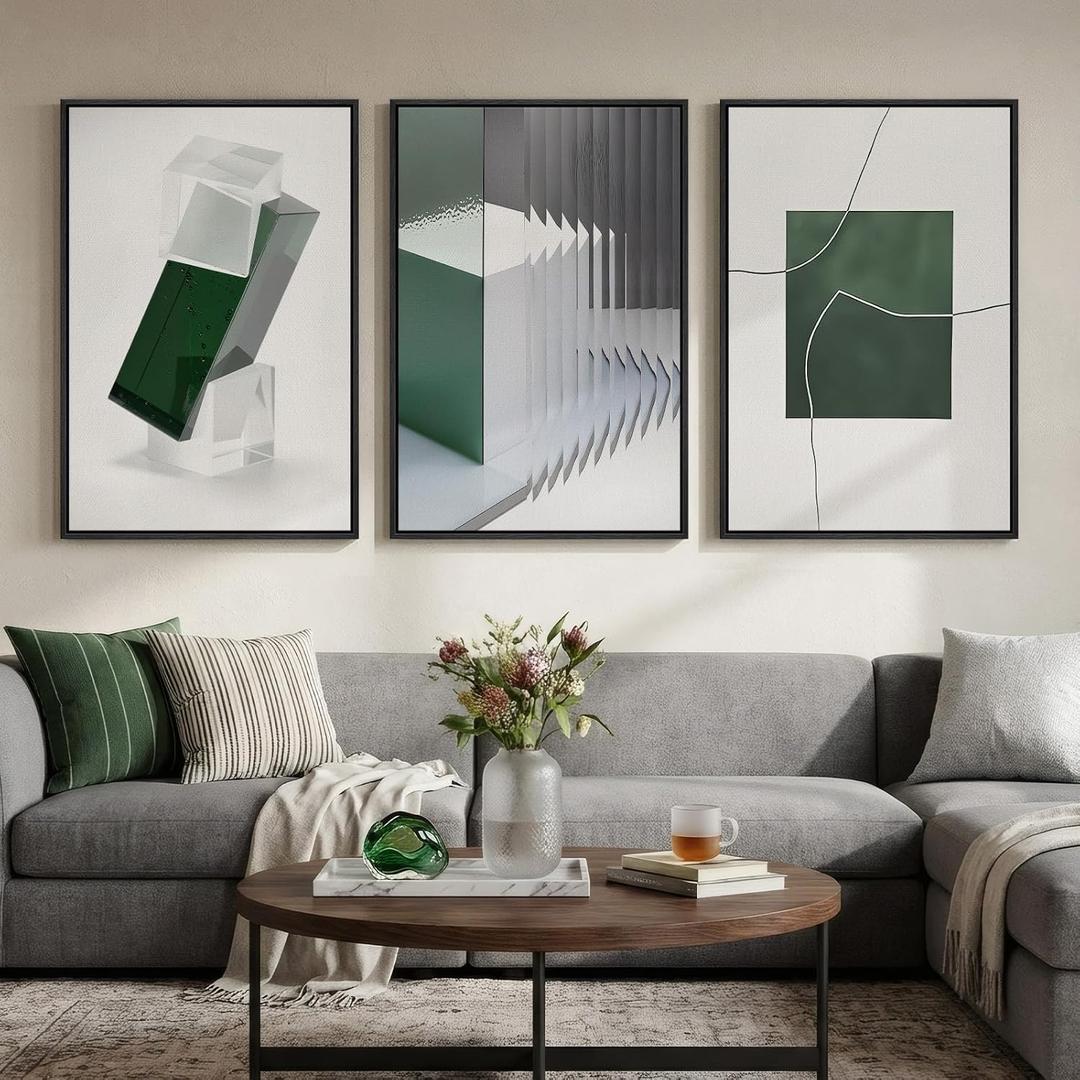 Large Framed Green and White Abstract Wall Art for Living Room, 3 Piece Modern Canvas Prints Paintings Artwork for Walls, Minimalist Geometric Pictures for Hallway Dining Bedroom Wall Decor 24x36 In
