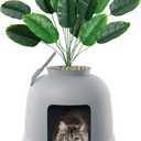 Lifewit Litter Box with Faux Plant & Scoop for Large Cat, Hidden Corner Enclosure Litter Tray with Odor Control & Carbon Filter in Living Room/Bedroom/Bathroom, Grey