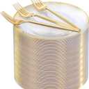 Rubtlamp 200Pcs Clear Gold Dessert Plates With Plastic Gold Forks, 100pcs 7.5inch Plates For Appetizers,100pcs 7.8inch Premium Forks Disposable, Cake Platos Disposable for Wedding
