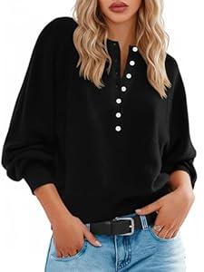 Henley Pullover Sweaters for Women Spring Button Long Sleeve Dressy Casual Loose Cozy Knit Tops Trendy Outfits (XL, Gray)