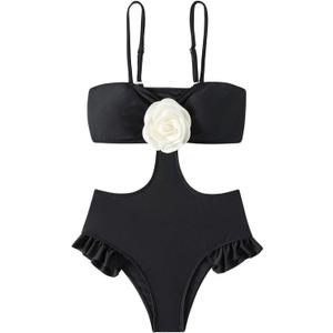 SweatyRocks Girl's One Piece 3D Flower Swimsuit Spaghetti Strap Cut Out Ruffle Bathing Suit Beachwear (8 Years, Black)