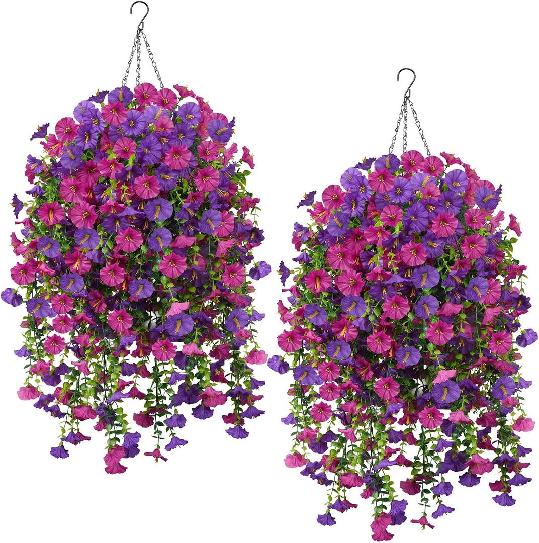 12PCS Artificial Hanging Plants Outdoors 2 Packs Fuchsia Fake Hanging Baskets with Fake Petunias Outdoor Flowers Artificial for Porch Balcony Garden Decor