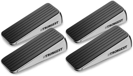 Strongest Home Heavy Duty Door Stopper Wedge (4 Chrome PCs) | Non-Slip Rubber and Metal Door Stop for Heavy Doors| Work on Wood, Tile, Carpet + 4 White Wall Protectors