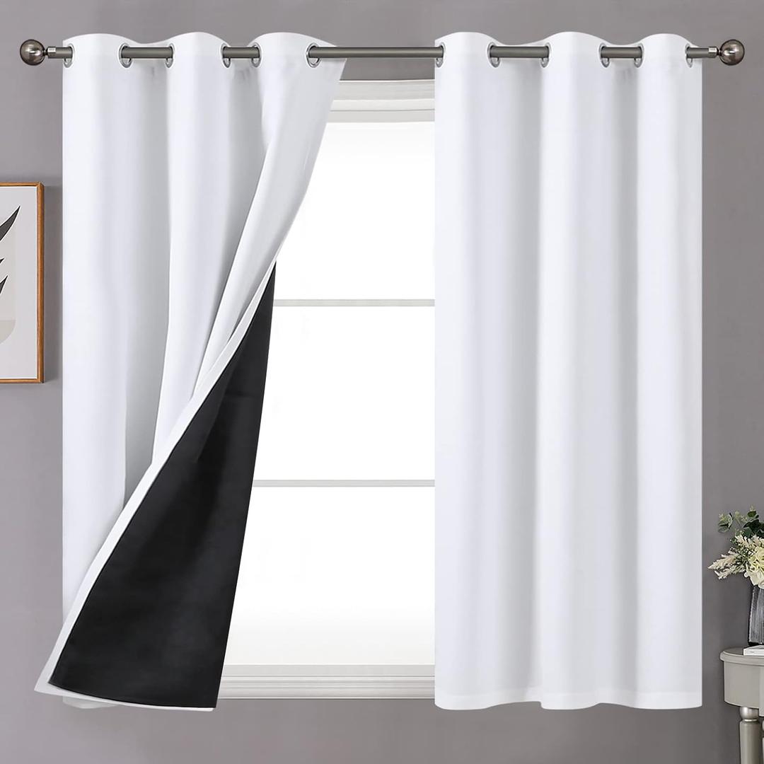 YoungsTex White 100% Blackout Curtains 45 Inch Length - Shor Thermal Insulated Drapes with Light Blocking Room Darkening for Bedroom Window Privacy Protection, 2 Panels, 42 X 45 Inch