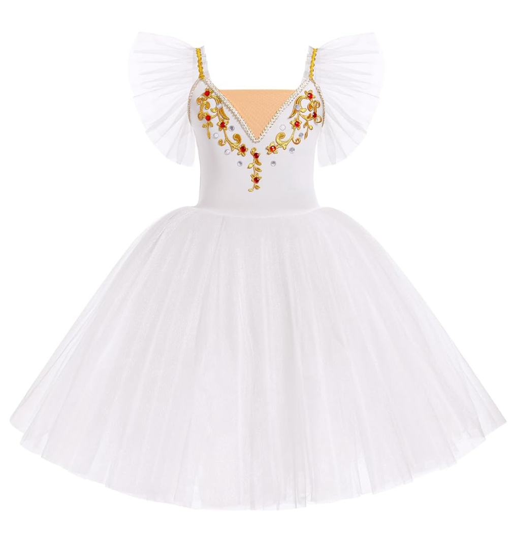 IBAKOM Girl Ballet Leotard Swan Lake Dance Dress Ruffle Sleeve Ballerina Maxi Tulle Tutu Teen Halloween Ballet Dance Outfits, 6Y