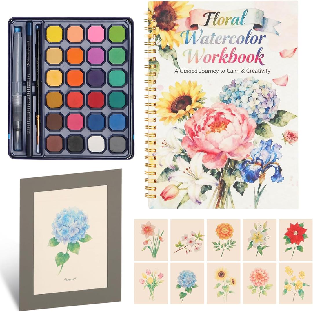 Floral Watercolor Painting Kit for Adults & Beginners with 24 Paints, 3 Brushes,Watercolor Workbook & photo album | 12 Original DIY Patterns, Step-by-Step Tutorials | Beginner-Friendly Creative Gift