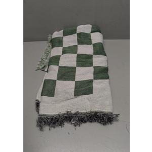 Green and White Checkered Woven Throw Blanket with Fringe/Large Checkered Woven Tablecloth / Table Throw 70×70in