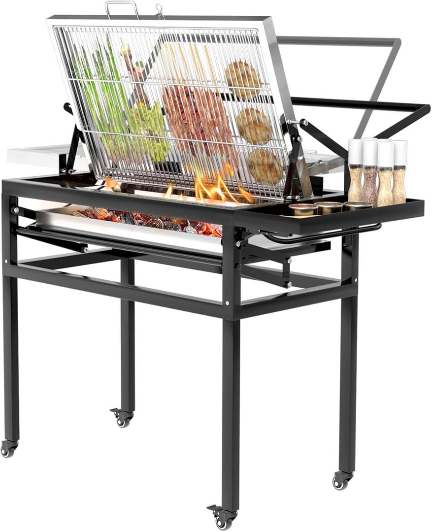 BBQ Charcoal Grill with Cart, Heavy Duty Square Outdoor Detachable Portable Grill, 360 Rotating Cooking Grid Stand-up Grills with Wheels for Camping Garden Commercial Barbeque