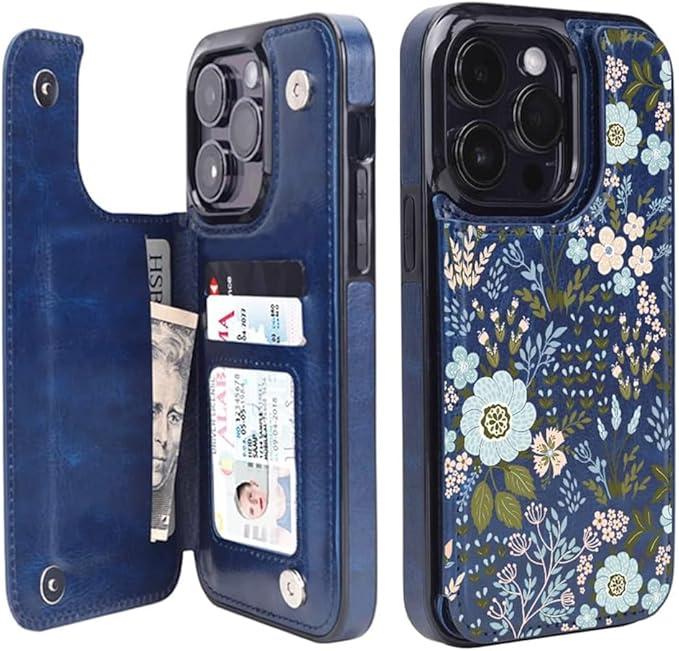 uCOLOR for iPhone 15 Pro Wallet Case with Card Holder Navy Blue Flowers | PU Leather RFID Blocking for Women Men Magnetic Clasp Kickstand 6.1"