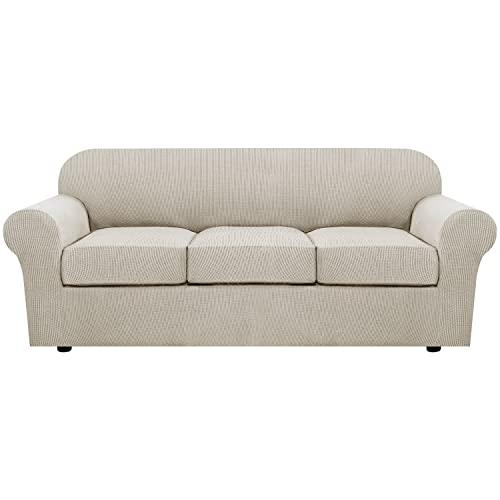 H.VERSAILTEX 4 Piece Stretch Sofa Covers for 3 Cushion Couch Covers for Living Room Furniture Slipcovers (Base Cover Plus 3 Seat Cushion Covers) Upgraded Thicker Jacquard Fabric (Sofa, Island Fossi)