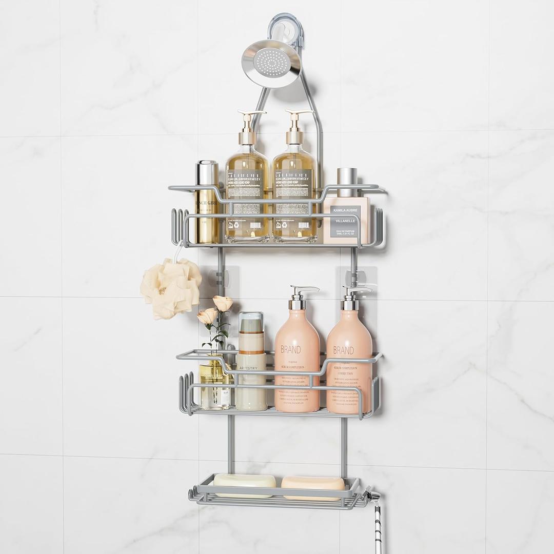 SWTYMIKI Bathroom Shower Caddy Hanging - 3 Tier Rustproof Over Shower Head Organizer, No Drilling Bathroom Shelf with 16 Hooks & Soap Holder, Anti-Swing Rack for Shampoo,Sponge,Towel, Silver, Medium