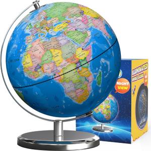 Illuminated World Globe with Stand, 9" Earth Globes with Stable Heavy Metal Base for Kids Classroom Learning, LED Constellation Globe Night Light with HD Printed Map