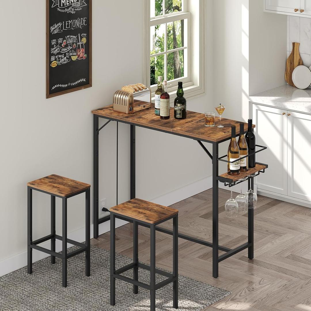 Bar Table, 35.4-Inch Counter Height Pub Table with Charging Station, Rectangular Dining Table with Wine Rack and Glass Holder, High Top Cocktail Tables, for Kitchen (Only Table) (Rustic Brown)