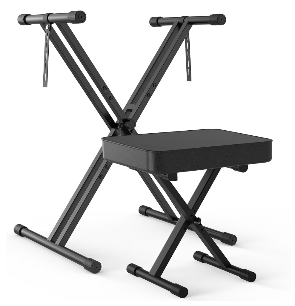 GLEAM Keyboard Stand and Bench Set, Double X Style Digital Piano Stand Height from 19" to 38", Heavy Density Foam Padded Stool from 14" to 18" Black