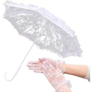 Mini White/Pink Lace Parasol with Floral Gloves, Vintage Lace Umbrella for Wedding Decor, Tea Party & Photography Props