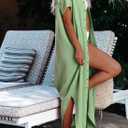 Dokotoo Womens Casual Short Sleeve Side Split Button Down Long Kimonos Cardigans Swimsuit Cover Ups Summer Beach Dress (Green, S)