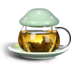 Mushroom Cup Cute Glass Tea Cup with Infuser and Lid Kawaii Mushroom Mug Set Coffee Teapot with Ceramic Coasters 11oz (Green)