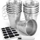Colorlaza Galvanized Metal Bucket with Handle 12 Pcs- Metal Buckets for Party, Tin Buckets with erasable Stickers and Chalk Marker Silver Bucket 4.7" W x 5" H x 2.7" L