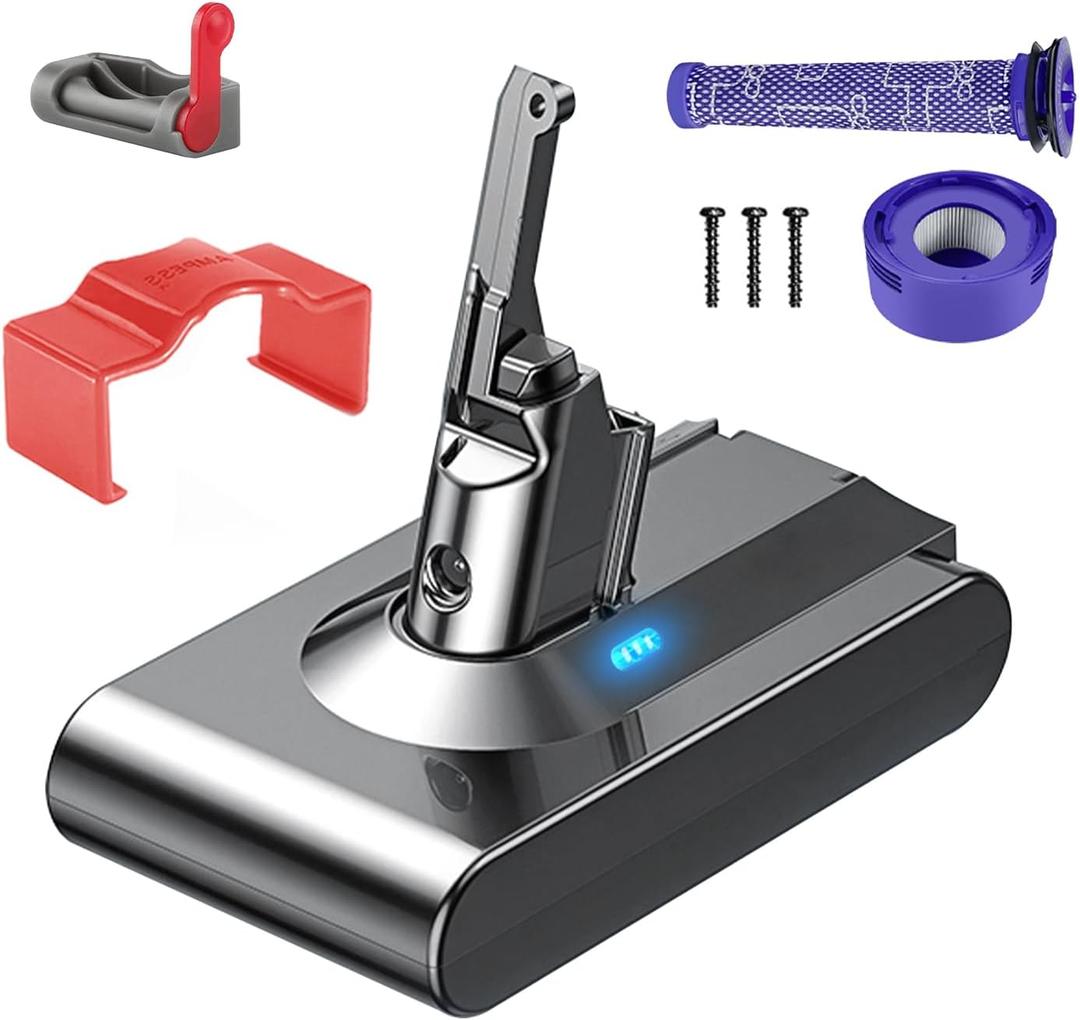 V8 Replacement Battery for Dyson  Up to 60 Minutes Runtime, Compatible with Animal/Absolute/Motorhead/Fluffy Models, Includes Battery, Trigger Lock, and 2 Filters