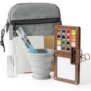 Mini Paint Palette Travel Kit  15Colors Pocket Artist Water Color Travel Set with Crossbody Bag, Watercolor Journal, Metal Clip, Paint Water Cup, Water Brush, Wooden Paint Box for Painters Artists