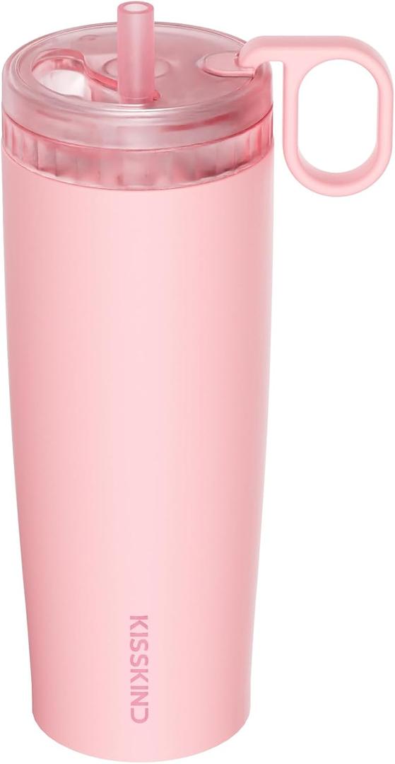 KISSKIND 20 Oz Iced Coffee Tumbler with Hidden Straw, Insulated Stainless Steel Coffee Tumbler, Leakproof Ceramic Lined Travel Cup for Subway Commuting, Slim Tumbler for To-Go, Peach Sorbet