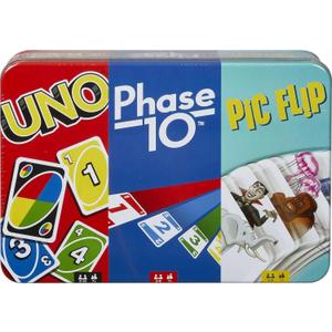 Mattel Games UNO, Phase 10 and Pic Flip Bundle, 3 Mattel Card Games in Decorative Storage Tin, For Kid, Family & Adult Game Night, 7 Years & Up