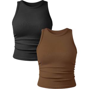YIOIOIO Women's 2 Pieces Basic Seamless Tank Tops Sleeveless Crew Neck Workout Exercise Crop Camis (Brown, M)