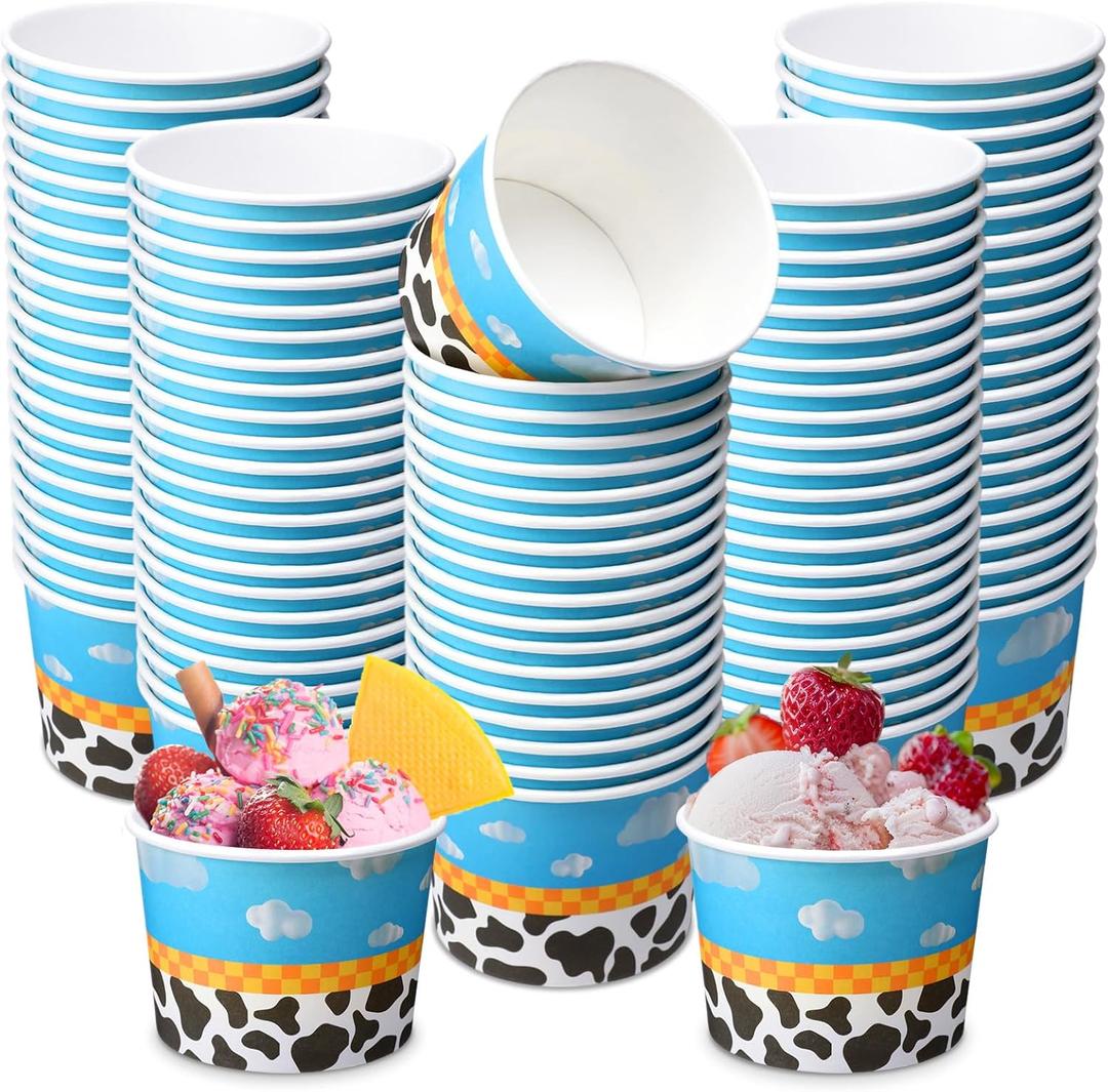 100 Pcs Cartoon Paper Ice Cream Cups Bulk 8 oz Disposable Dessert Bowls for Hot or Cold Food Snack Treats Gift for Birthday Party Favor Decoration